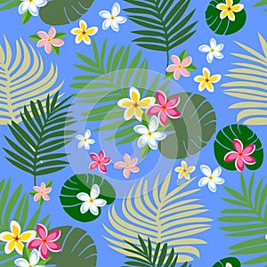 Vector summer seamless pattern with tropical leaves, frangipani flowers.