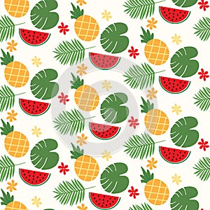 Vector summer seamless pattern with tropical leaves and fruits.