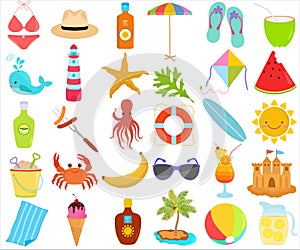 Vector of Summer season set, seasonal decoration theme in flat design illustration. Bundle of cute colorful icon collection on