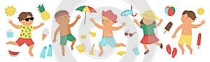 Vector summer set with children in swimming suits with beach objects. Cute happy kids collection. Fun sea holidays illustration.