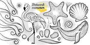 Vector summer set in dotwork style. Dotted whale, flamingo, waves, seashell, starfish, pebble, swirl in black isolated on white.