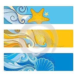 Vector summer set with horizontal banner in dotwork style. Abstract dotted waves, seashell, starfish, pebble, swirls isolated.