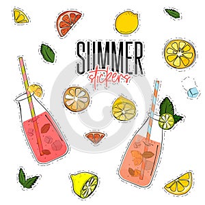 Vector summer set with lemonade jar, lemons, mint, ice cubes and oranges. Fresh liquid stickers. Advertising details. Healthy swee photo