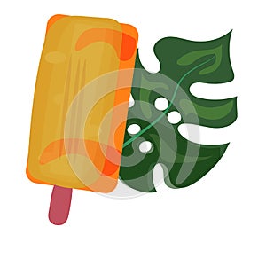 Vector summer set with, monstera leaf, tropical leaves flowers, ice cream. Bright stickers collection. Trendy patches, pins,