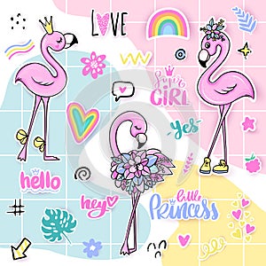 Vector summer set with pink flamingos. Bright stickers collection.