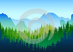 Vector summer or spring landscape. Panorama of mountains, green pine and fir-tree forest.