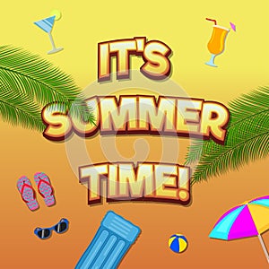 Vector summer time banner template. It`s summer time text lettering in cartoon style with different accessories.