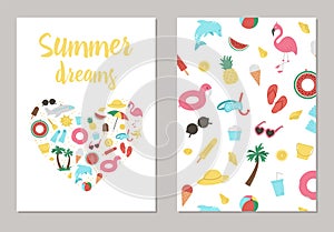 Vector summer vertical card template with palm tree, plane, sunglasses, inflatable rings. Funny vacation or holidays postcard
