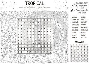 Vector summer wordsearch puzzle. Keyword with tropical animals and birds for children. Educational black and white jungle