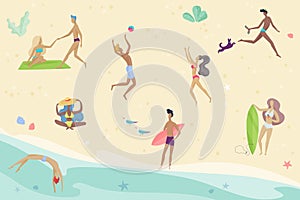 Vector summertime cartoon illustration. People activities on the beach. Friends enjoing time summer vacation.