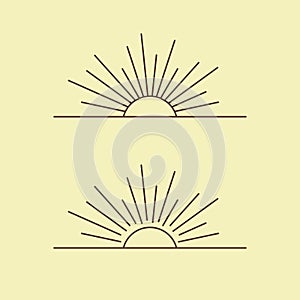 Vector sun beam icon with rays illustration. Outline sunset boho sumbol