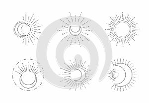 Vector sun and moon line design. Outline suns symbols, moon element icon set isolated on white background photo