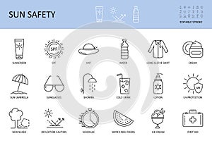 Vector sun protection and safety skin icons. Editable Stroke. Sunscreen long-sleeve shirt sunglasses. Hat cream water cold drink