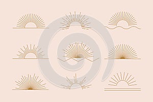 Vector Sun set of linear boho icons and symbols, gold sun logo design templates, abstract design elements for decoration SIGNS