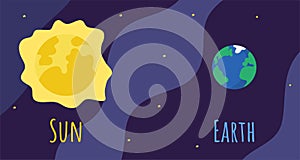 Vector sun star and planet earth in space. Dark blue Cosmic background with bright yellow stars