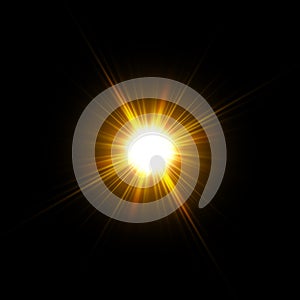 Vector sunlight special lens flare light effect. Sun isolated on black background. Glow light effect