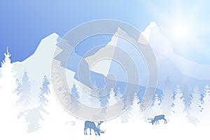 Vector sunny winter forested landscape in blue color with grazing deer and mountains.