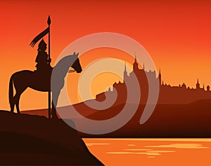 Vector sunset scene background with fairy tale castle, lake shore and knight guard