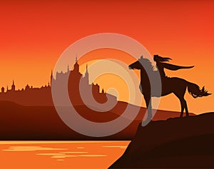 vector sunset scene background with fairy tale castle, lake shore and princess riding horse