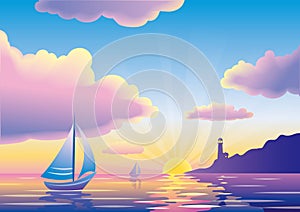 Vector sunset or sunrise seascape with sailboat and lighthouse