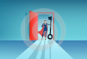 Vector of a super hero businesswoman opening a door with a big key