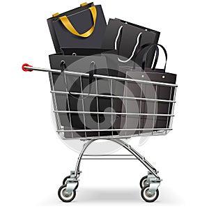 Vector Supermarket Trolley with Black Shopping Bags