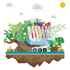 Vector supermarket trolley, fruit, grass, soil tree and wat
