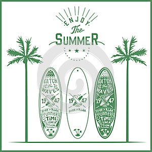 Vector surf board poster lettering logo hand drawing, print color green and white monogram