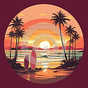 Vector: Surfboards on a sandy beach with palm trees and sea waves in the background. Sunset colors, retro style