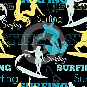 Vector Surfing People California Blue Yellow Black Seamless Pattern Surface Design With Men, Women On Surf Boards.