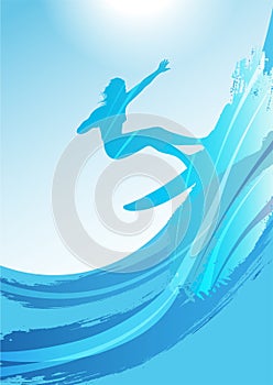 Vector Surfing Silhouette Background Illustration With Big Waves And Blue Sky.