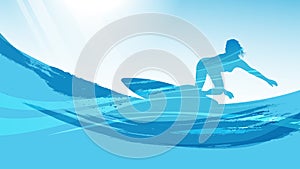 Vector Surfing Silhouette Background Illustration With A Surfer On Waves.