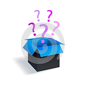 Vector Surprize Box, Black and Blue Box with Magenta Question Marks Isolated on White Backgroud.