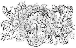 Vector surreal illustration with kissing lovers