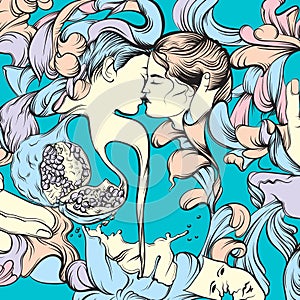 Vector surreal illustration with kissing lovers