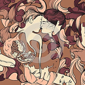 Vector surreal illustration with kissing lovers