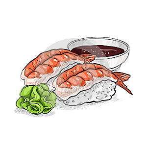 Vector sushi color sketch, Ebi Nigiri