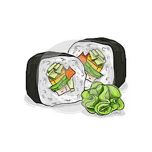 Vector sushi color sketch, Vegetable roll