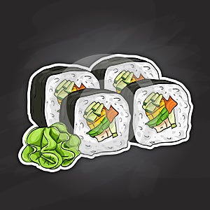 Vector sushi color sketch, Vegetable roll