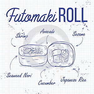 Vector sushi sketch, futomaki roll