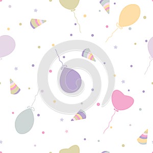 Vector Sweet Pastel Party with Balloons, Confetti and Party Cone seamless pattern background. Perfect for fabric