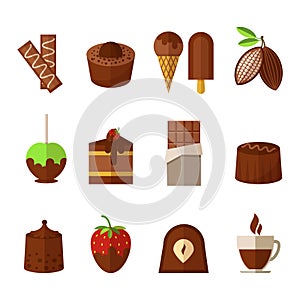 Vector sweets and chocolate icons set in flat