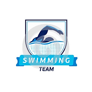 Vector swimming team logo. Swimmer silhouette in water. Creative badge. Triathlon concept. Flat design.