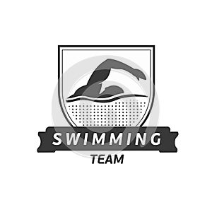 Vector swimming team logo. Swimmer silhouette in water. Creative badge. Triathlon concept. Flat design.