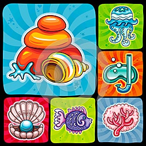 Vector swirl vacation icons, sticker set. Part 2