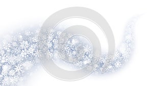 Vector Swirling Magic Snow Trail Effect With White Transparent Snowflakes And Lights Overlay On Light Blue Background