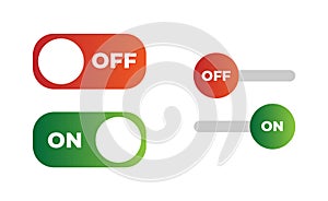 Vector switch button with on and off. Vector illustration. Designed for web and mobile apps. Set of green and red buttons