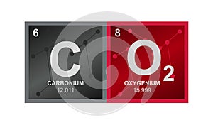 Vector symbol of carbon dioxide CO2 which consists of carbon and oxygen on the background from connected molecules