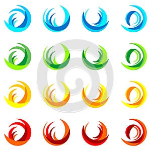 Vector symbol design of round icons like logo, flame, circle, water, leaves, wings, plant, wind, water