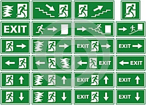 Vector symbol set - emergency exit sign - fire alarm plate - person escaping flames through door